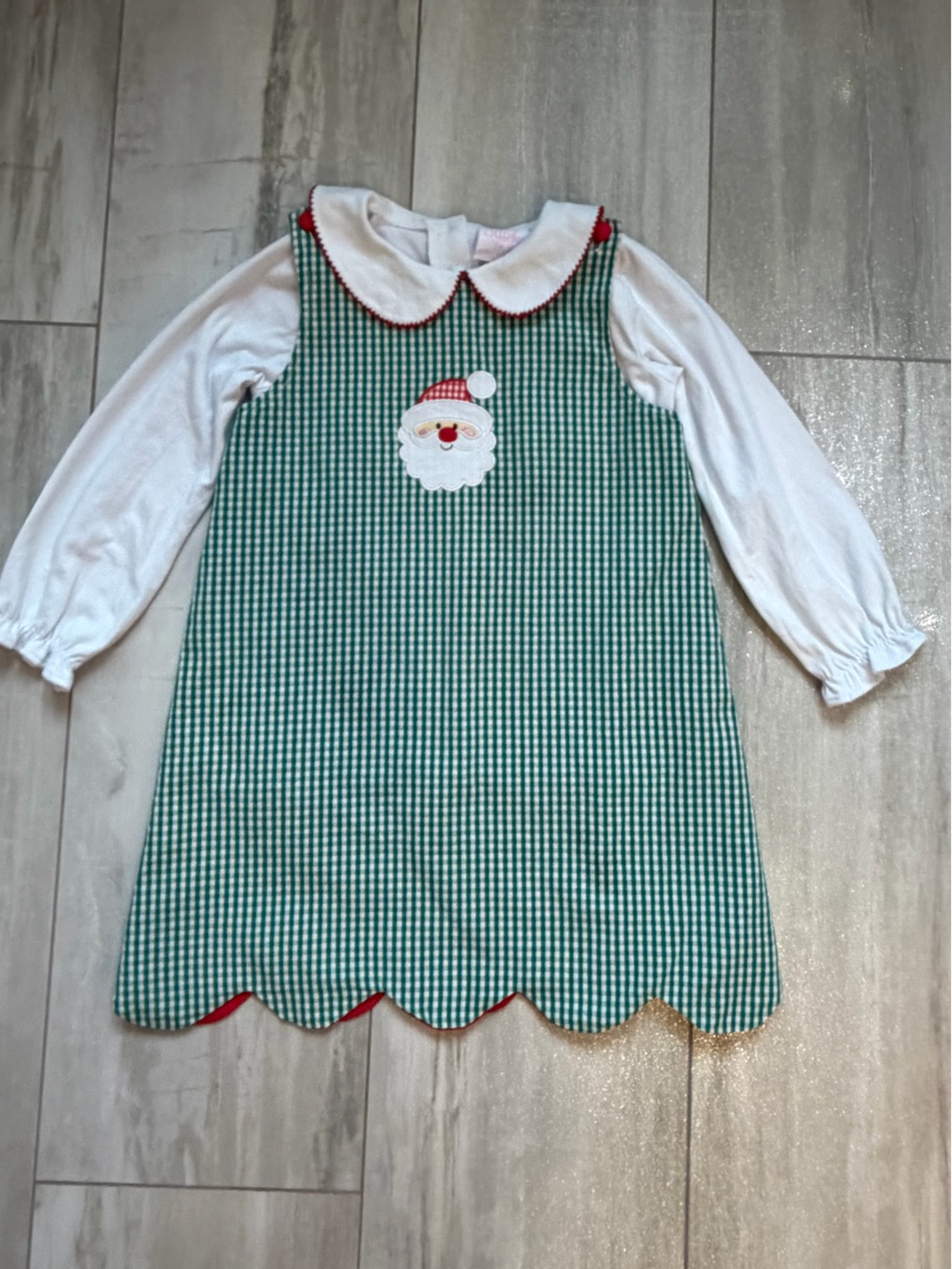 Stitchy Fish Green Gingham Santa Jumper & Peter Pan Collar Shirt Set Girls 5